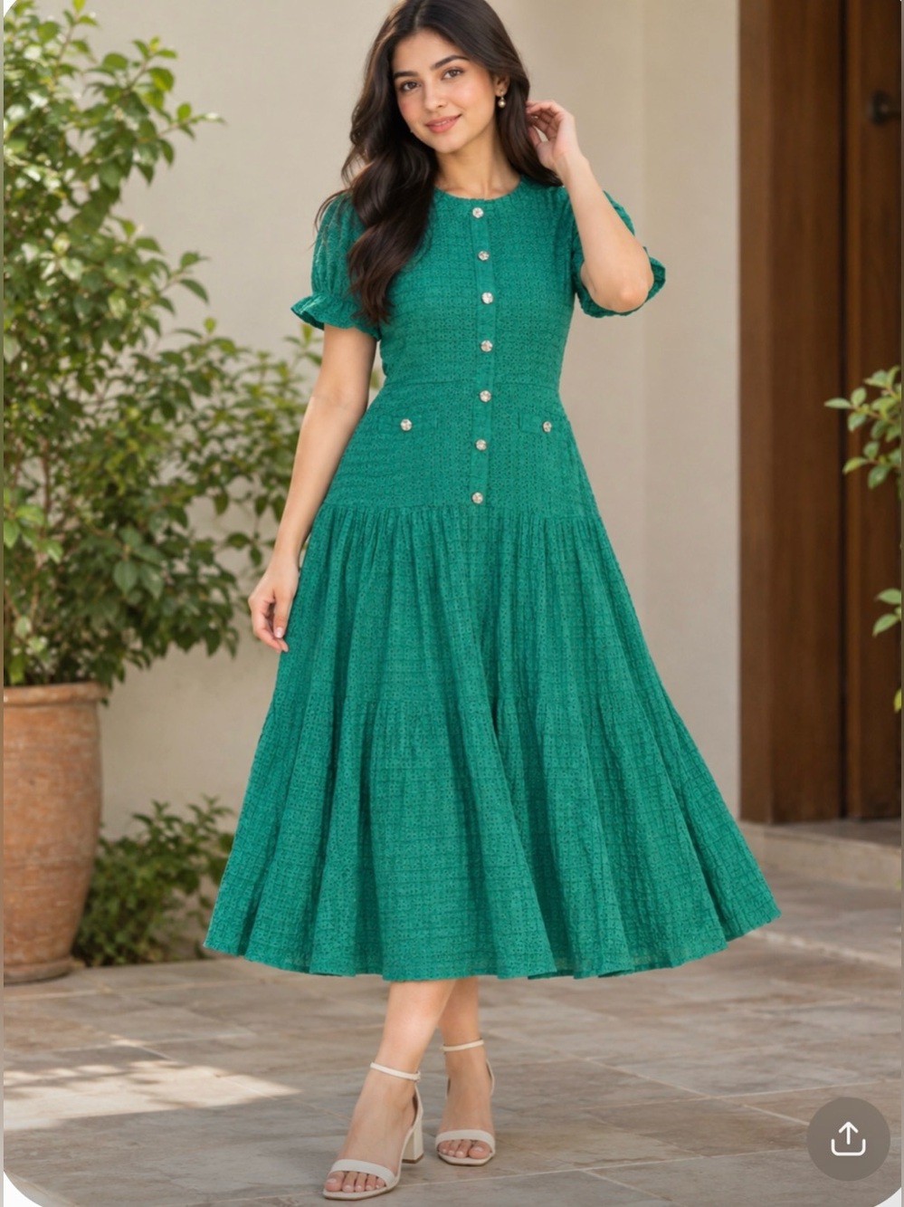 Emerald Green Button-Front Midi Dress